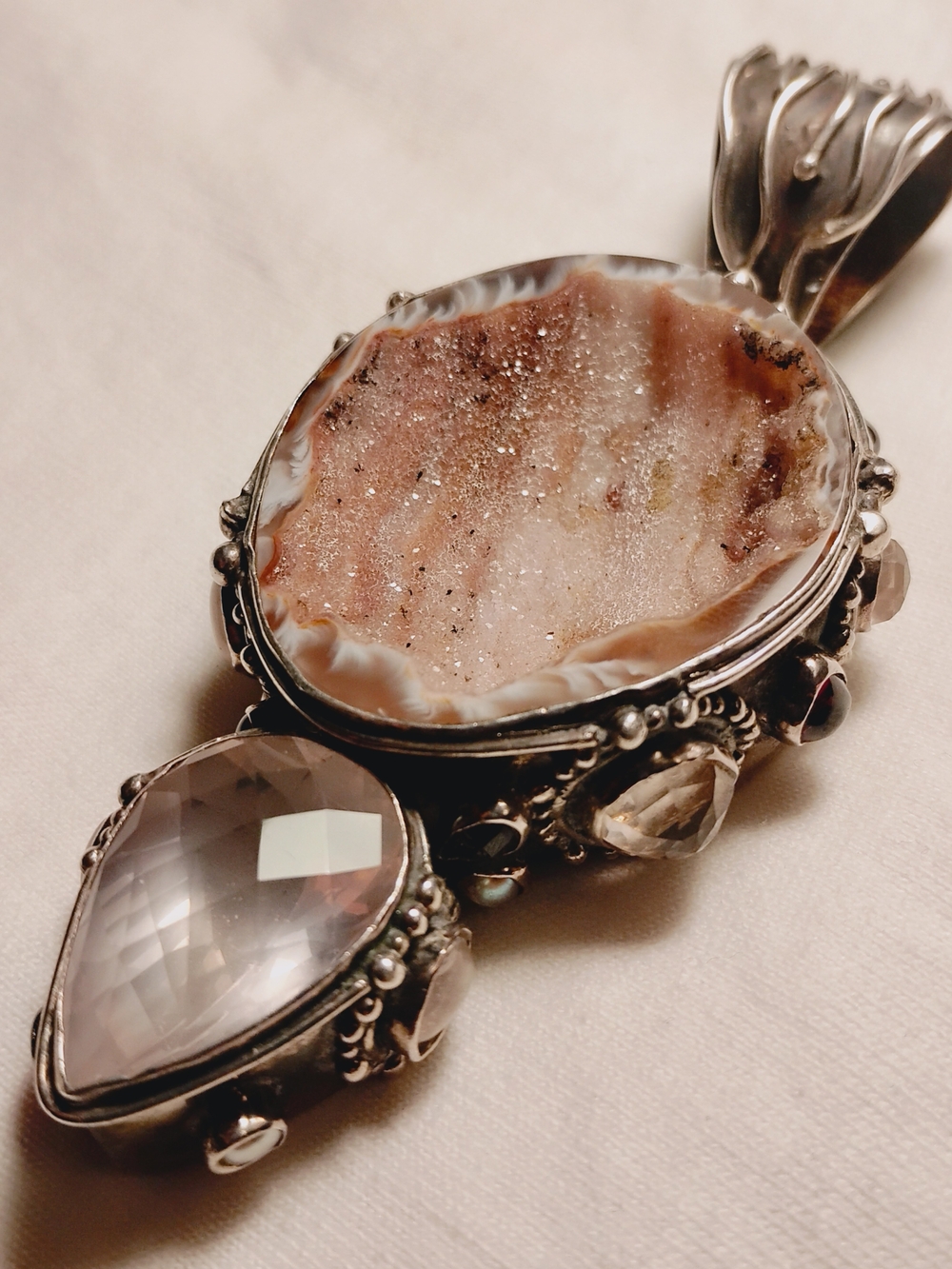 Large One Of A Kind Handcrafted Sterling Silver Rose Quartz Geode Pendant